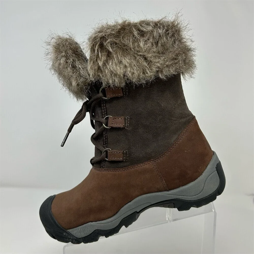 KEEN Helena Waterproof Winter Snow Boots Brown Faux Fur Cuff Lace Up Size 7.5